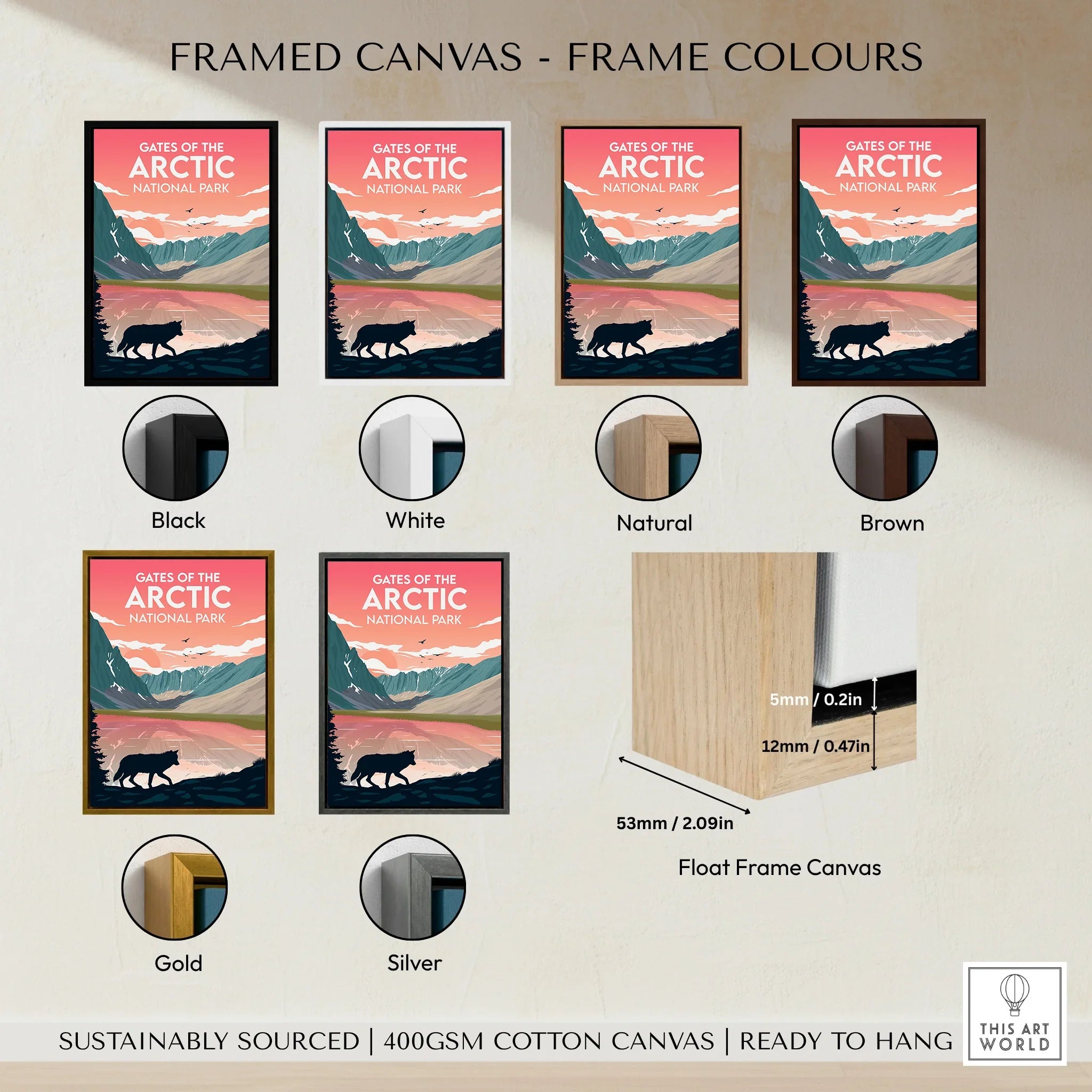 Gates of the Arctic National Park travel poster in six frame color options, float frame detail