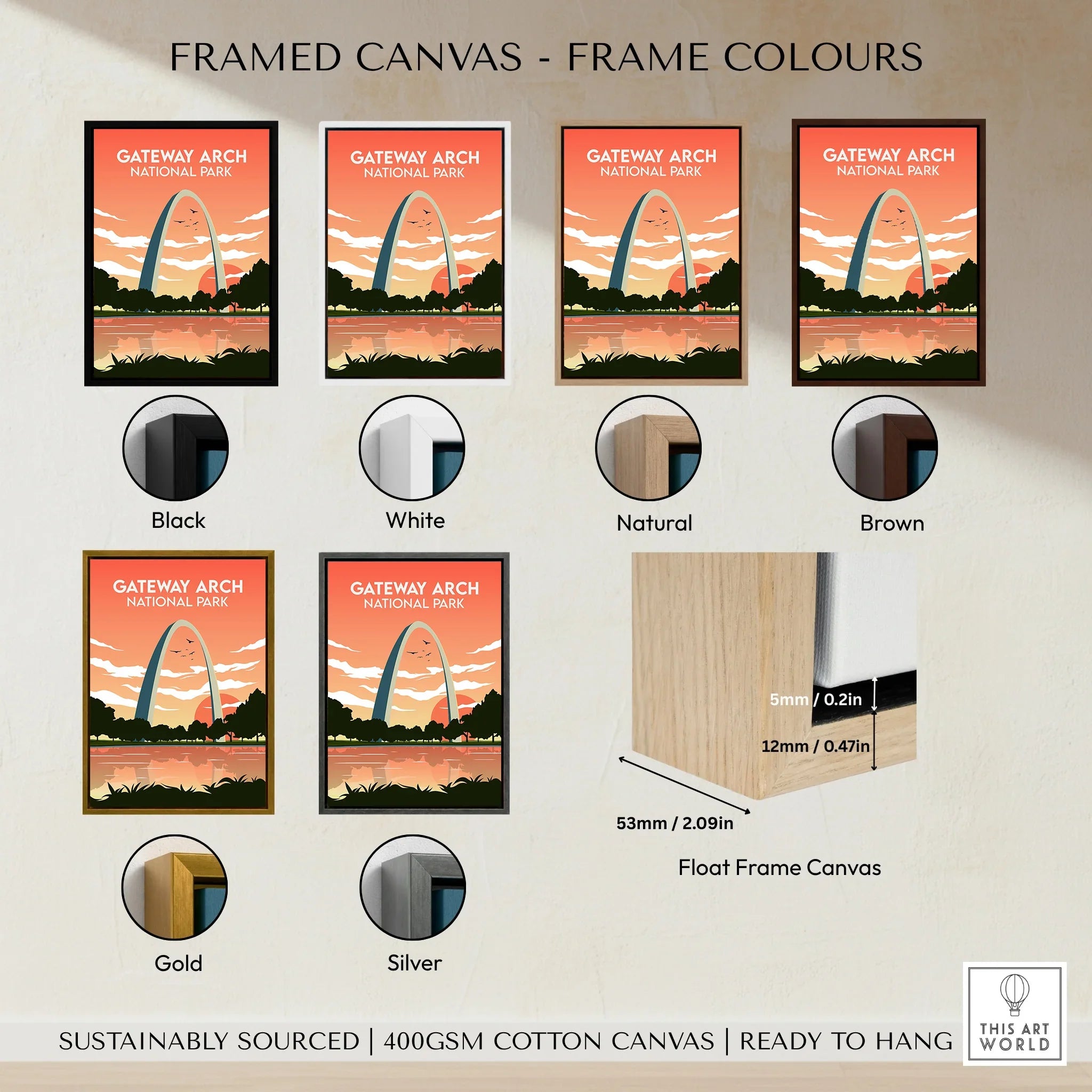 Gateway Arch National Park framed canvas wall art with six frame color options: black, white, natural, brown, gold, and silver.