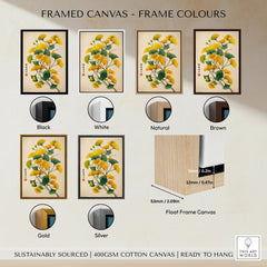 Framed canvas wall art with yellow ginkgo leaves in six frame color options: black, white, natural, brown, gold, and silver.