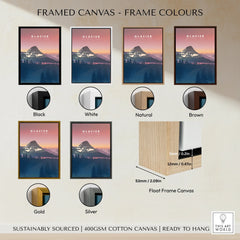 Framed canvas print of Glacier National Park with six frame color options and float frame details.