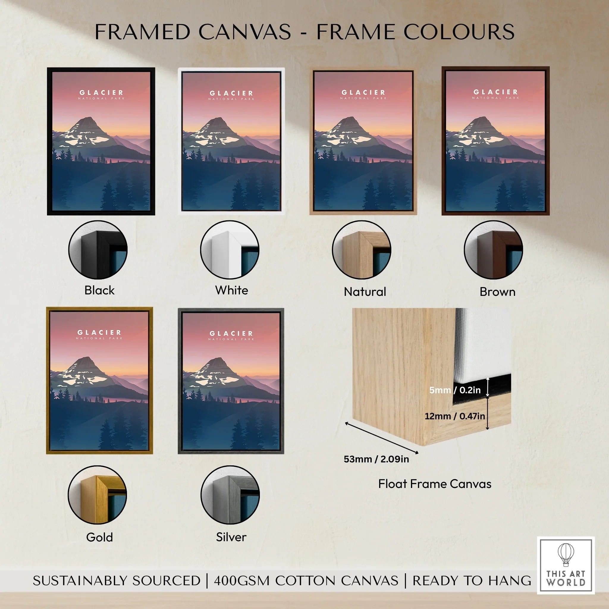Framed canvas print of Glacier National Park with six frame color options and float frame details.