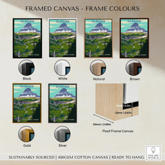 Glacier National Park wall art in six frame color options: black, white, natural, brown, gold, silver, with float frame canvas details.