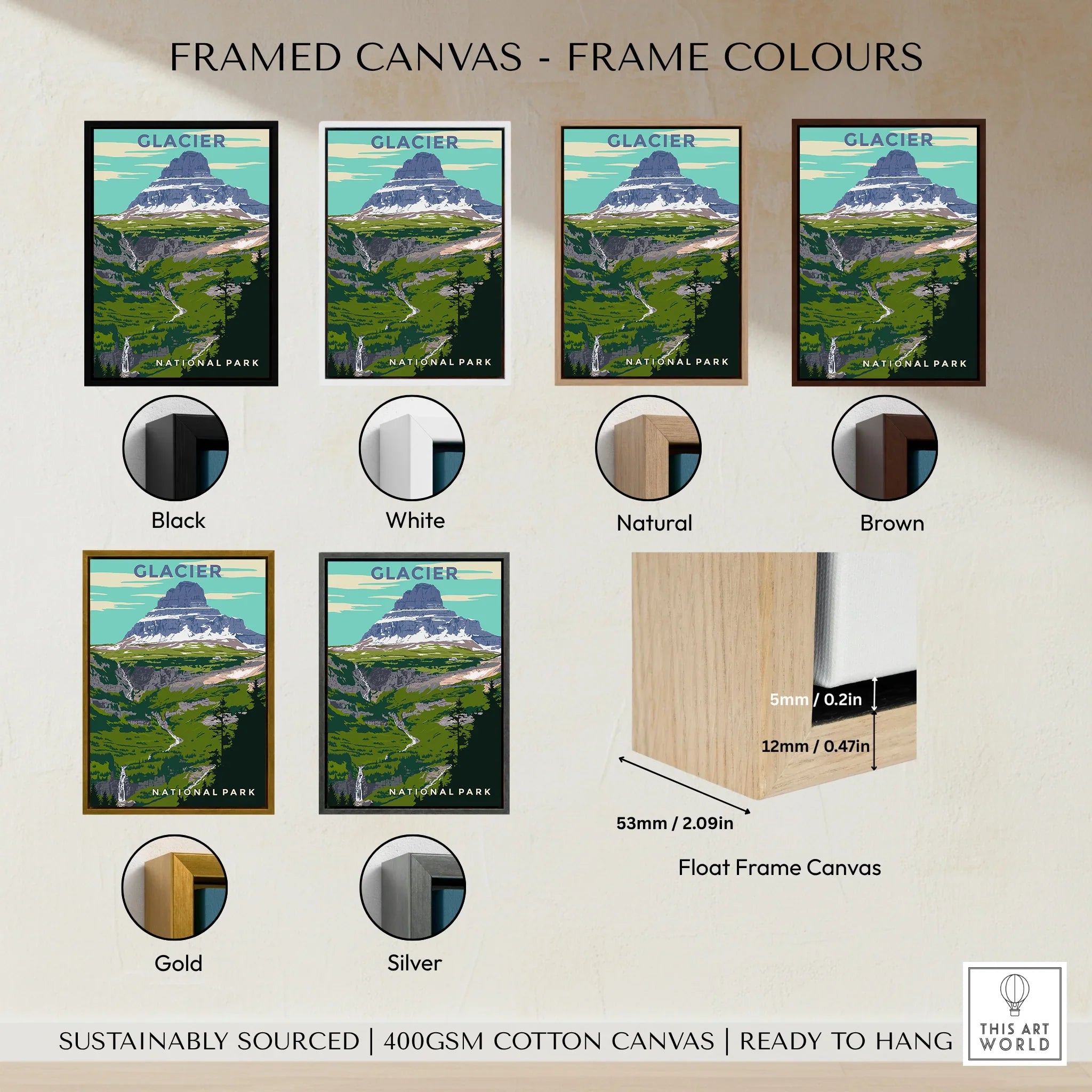 Glacier National Park wall art in six frame color options: black, white, natural, brown, gold, silver, with float frame canvas details.