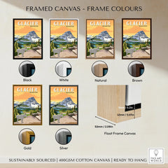Glacier National Park travel poster wall art in six framed canvas color options: black, white, natural, brown, gold, and silver.