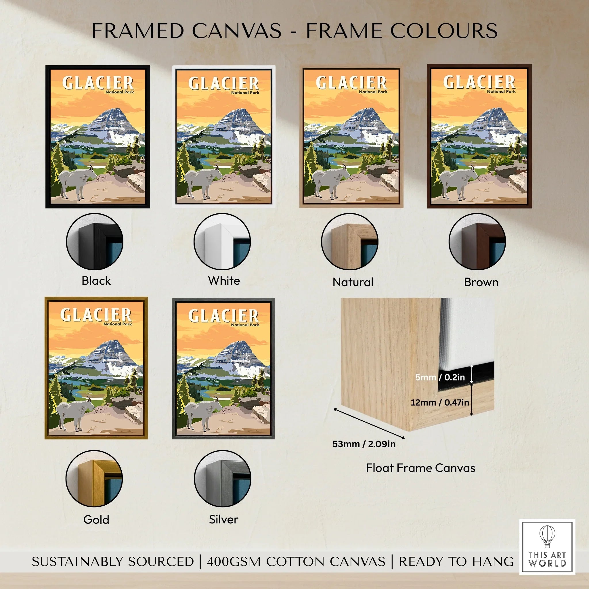 Glacier National Park travel poster wall art in six framed canvas color options: black, white, natural, brown, gold, and silver.
