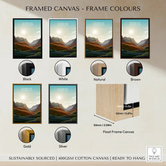 Framed Glencoe National Park canvas wall art in six frame color options: black, white, natural, brown, gold, and silver.