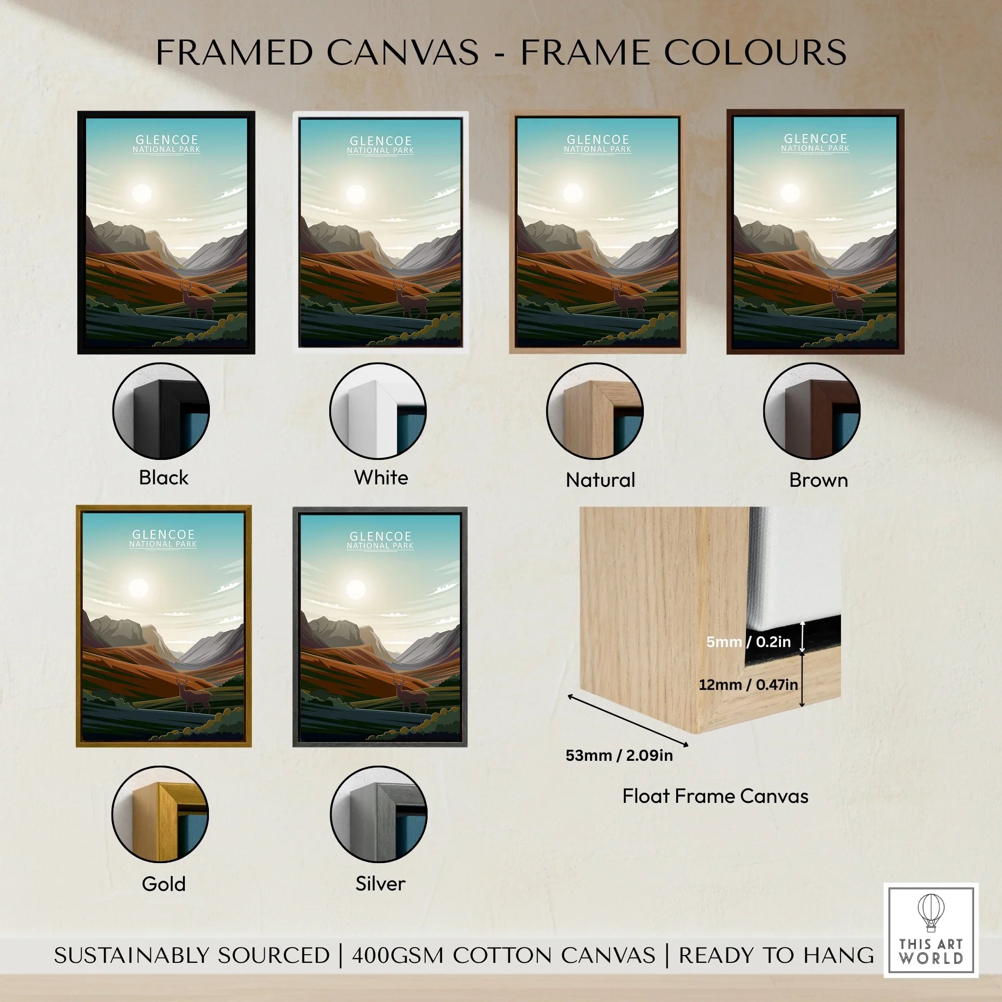Framed Glencoe National Park canvas wall art in six frame color options: black, white, natural, brown, gold, and silver.