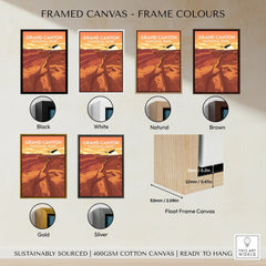 Grand Canyon National Park framed canvas print with six frame color options and float frame details