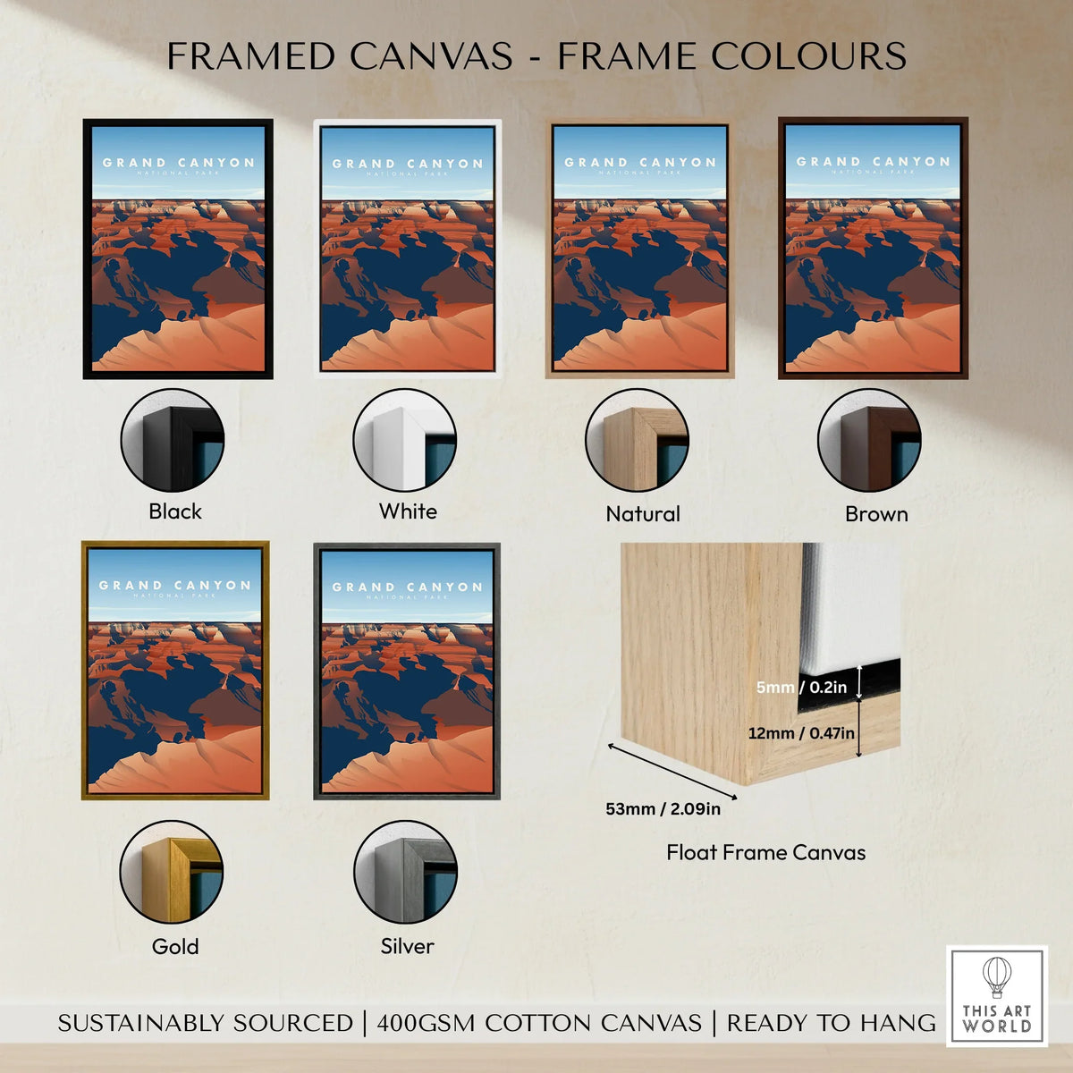 Grand Canyon framed canvas wall art with six frame color options: black, white, natural, brown, gold, and silver.