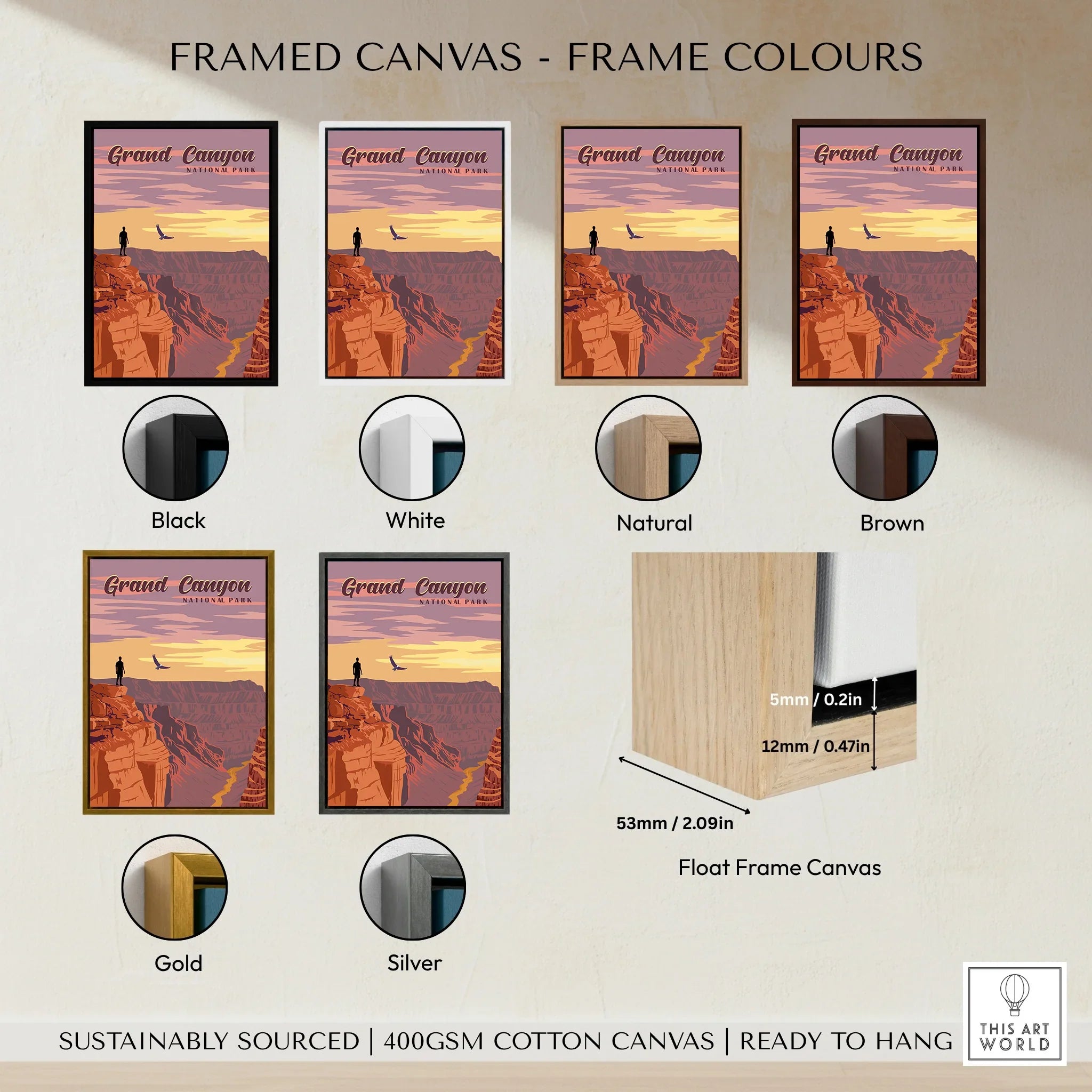 Grand Canyon National Park framed wall art print in six frame colors: black, white, natural, brown, gold, silver.