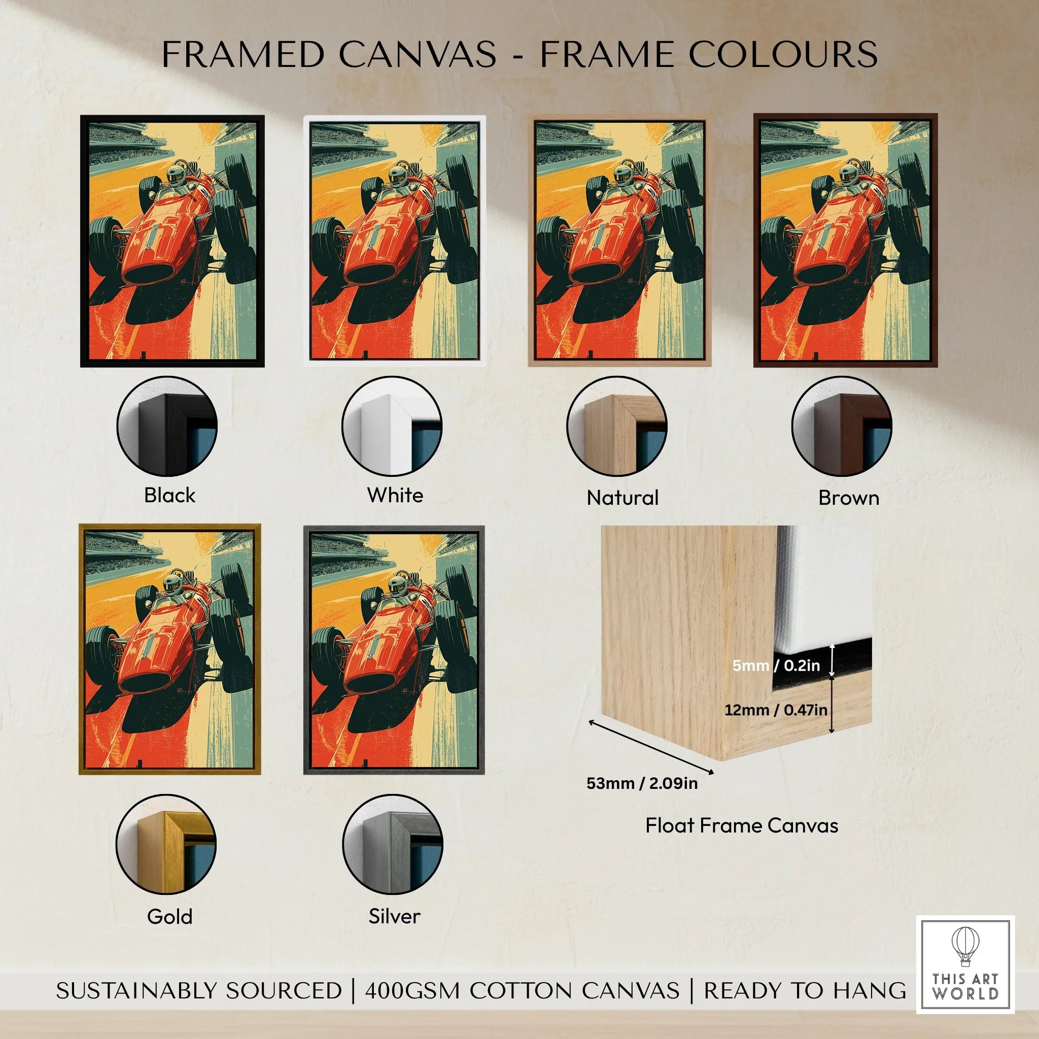 Framed canvas wall art showing a red vintage race car, displayed in six frame color options: black, white, natural, brown, gold, and silver, with float frame canvas details.