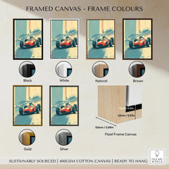 Grand Prix racing car wall art canvas in six frame color options including black, white, natural, brown, gold, and silver.