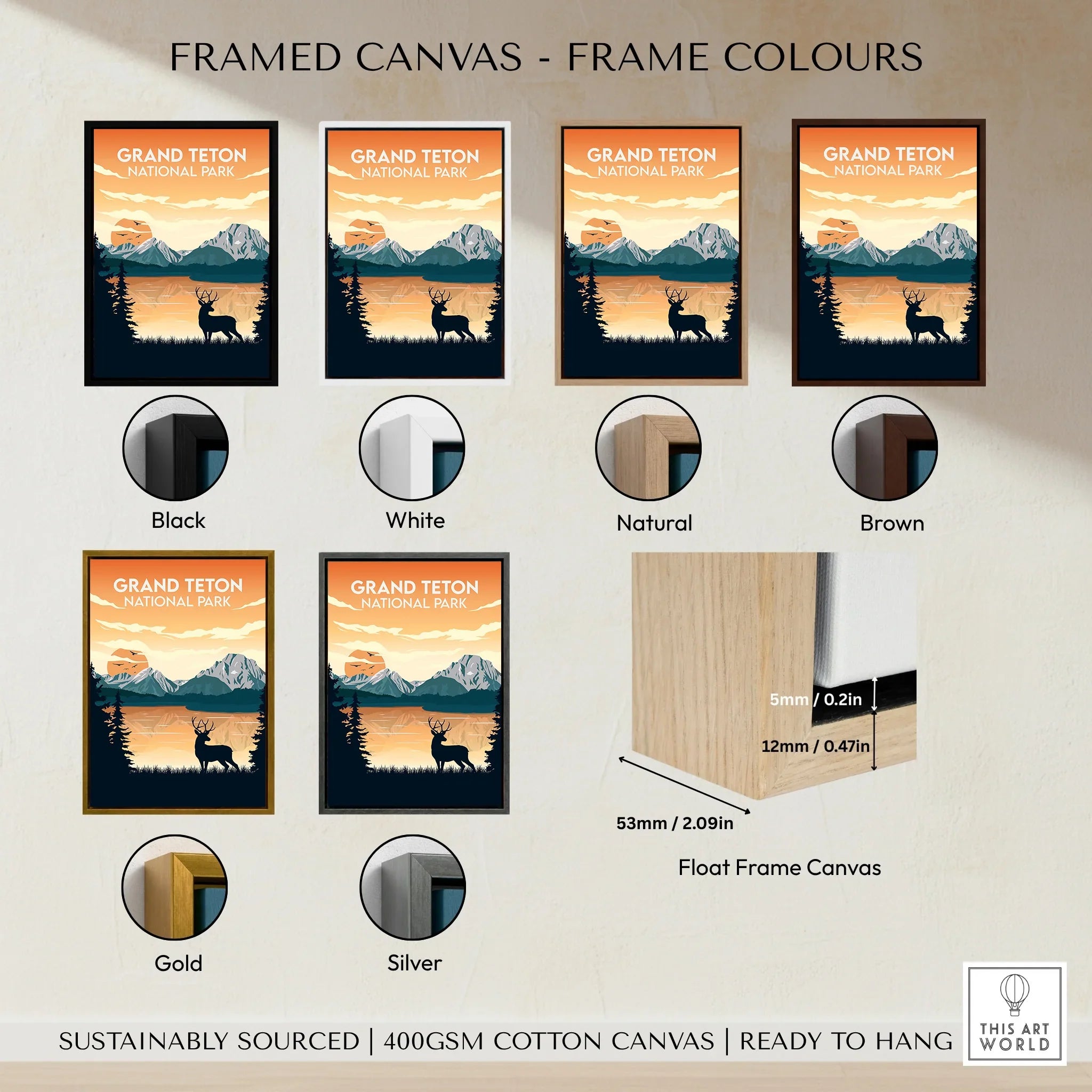 Grand Teton National Park framed canvas wall art in black, white, natural, brown, gold, and silver float frame options.