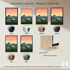 Framed Grand Teton National Park poster in six frame color options: black, white, natural, brown, gold, silver.