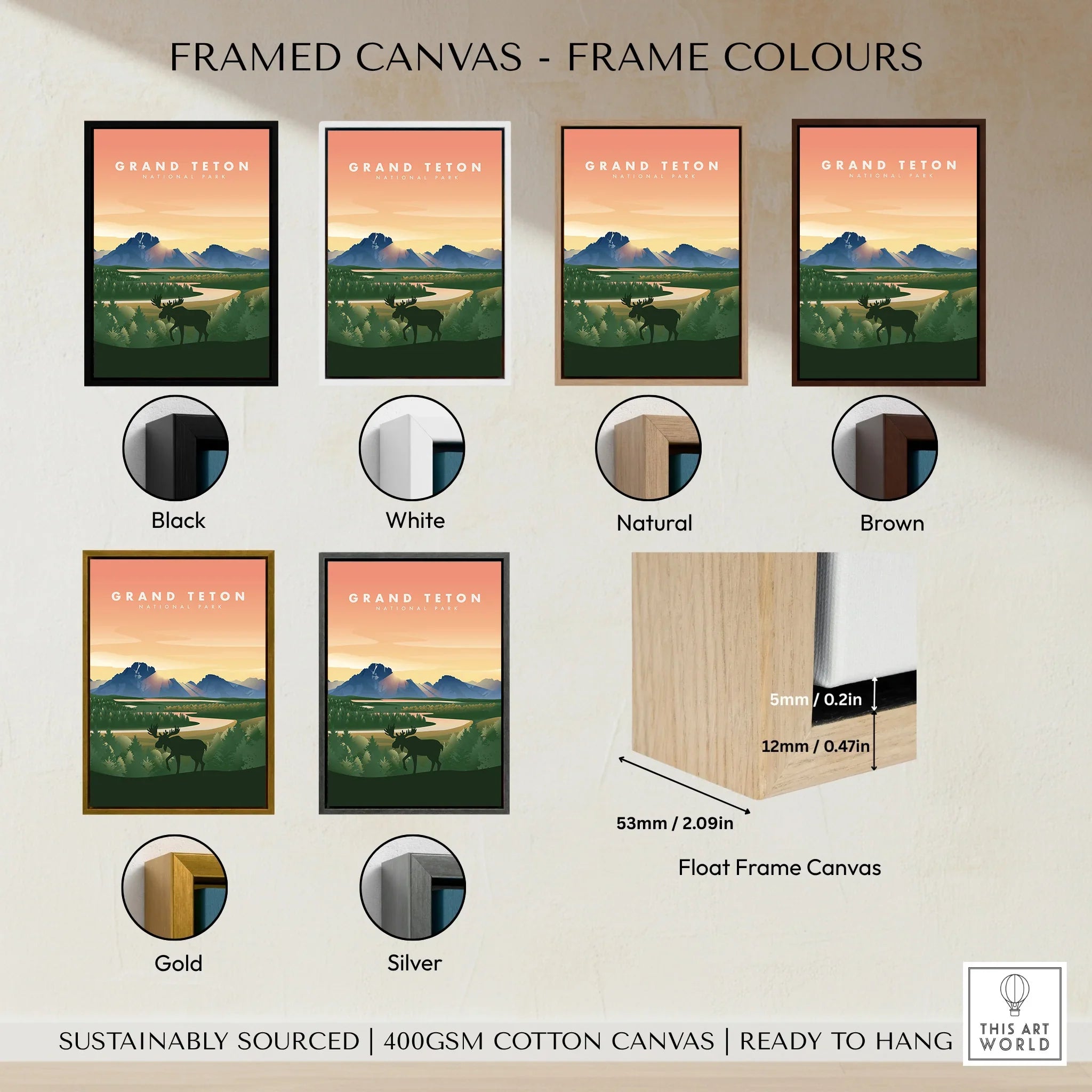 Framed Grand Teton National Park poster in six frame color options: black, white, natural, brown, gold, silver.