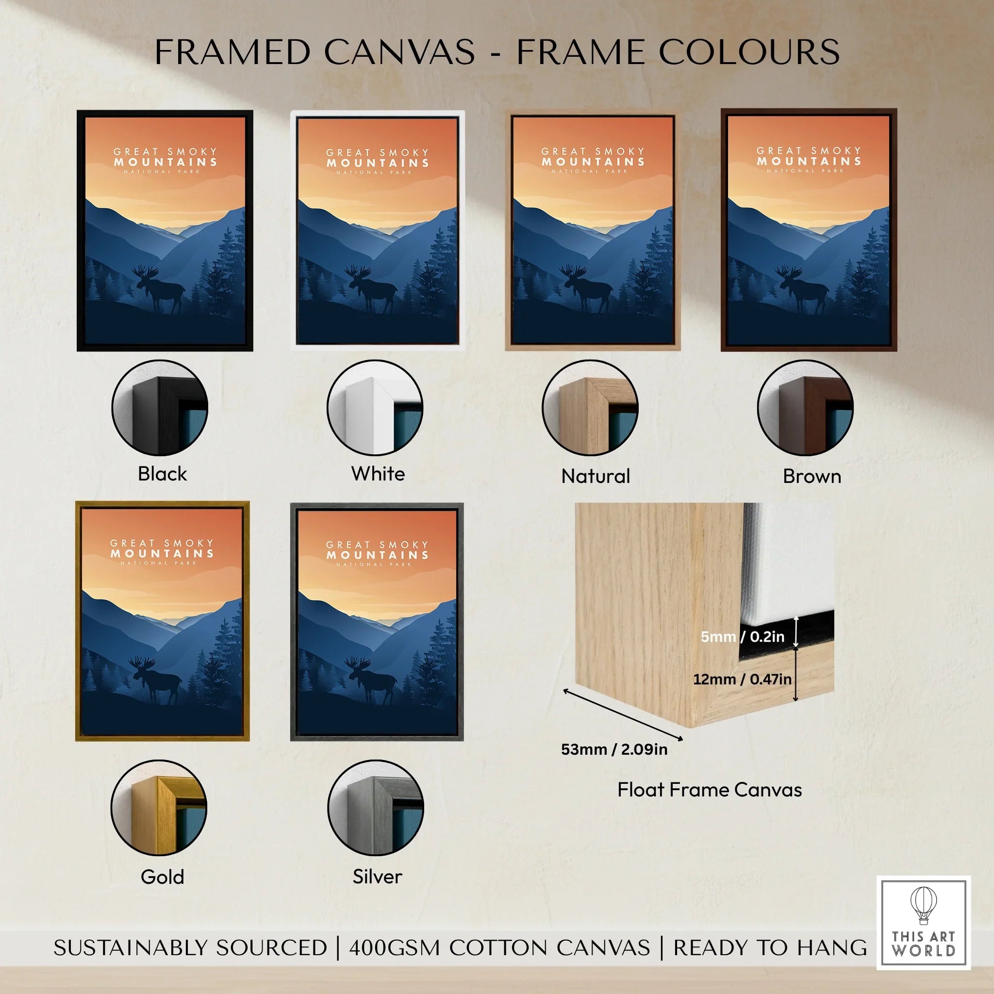Great Smoky Mountains wall art print in six frame colors: black, white, natural, brown, gold, silver.