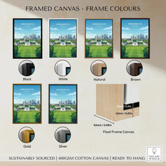 Greenwich London cityscape framed travel poster art in six frame colors: black, white, natural, brown, gold, silver, plus float frame canvas detail.