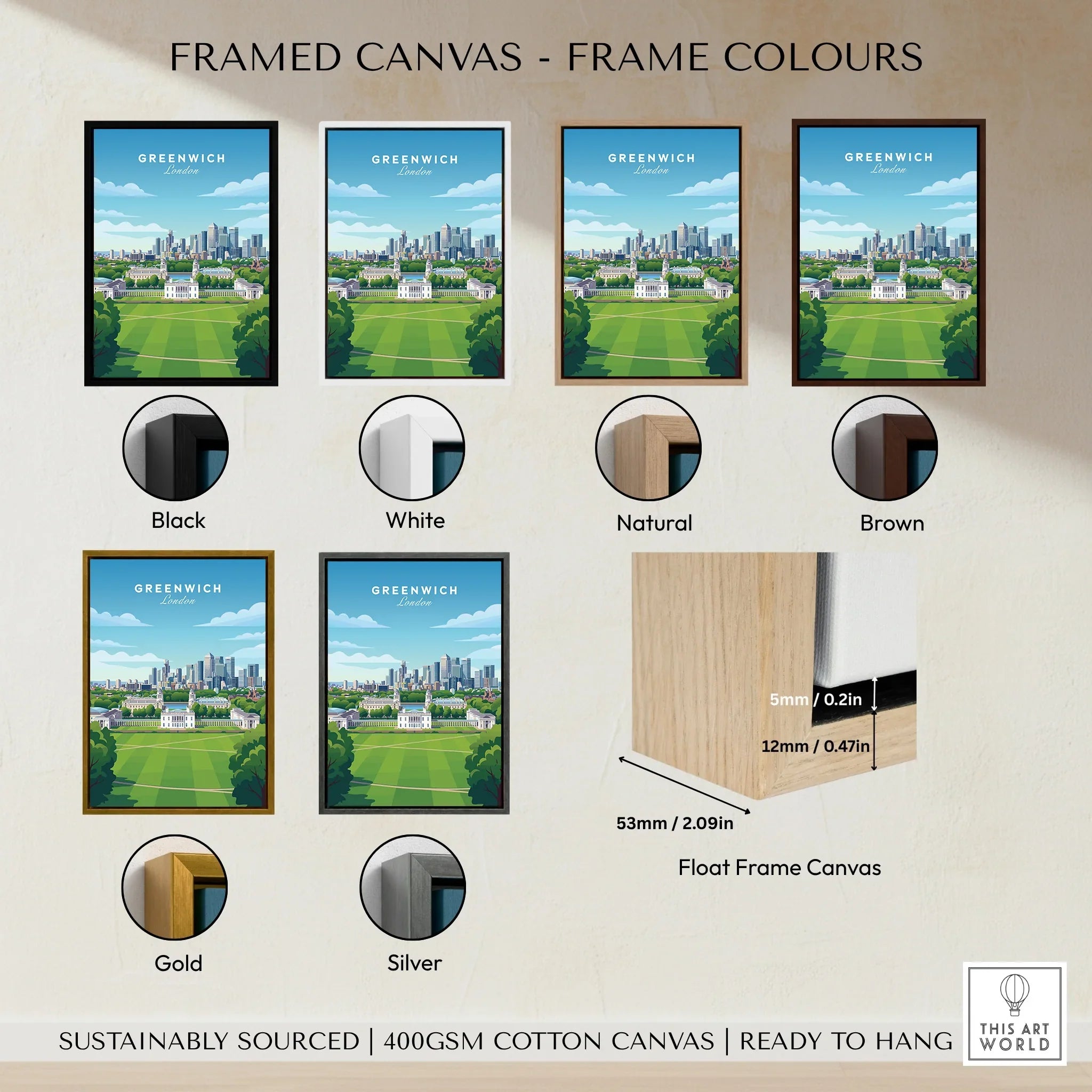 Greenwich London cityscape framed travel poster art in six frame colors: black, white, natural, brown, gold, silver, plus float frame canvas detail.