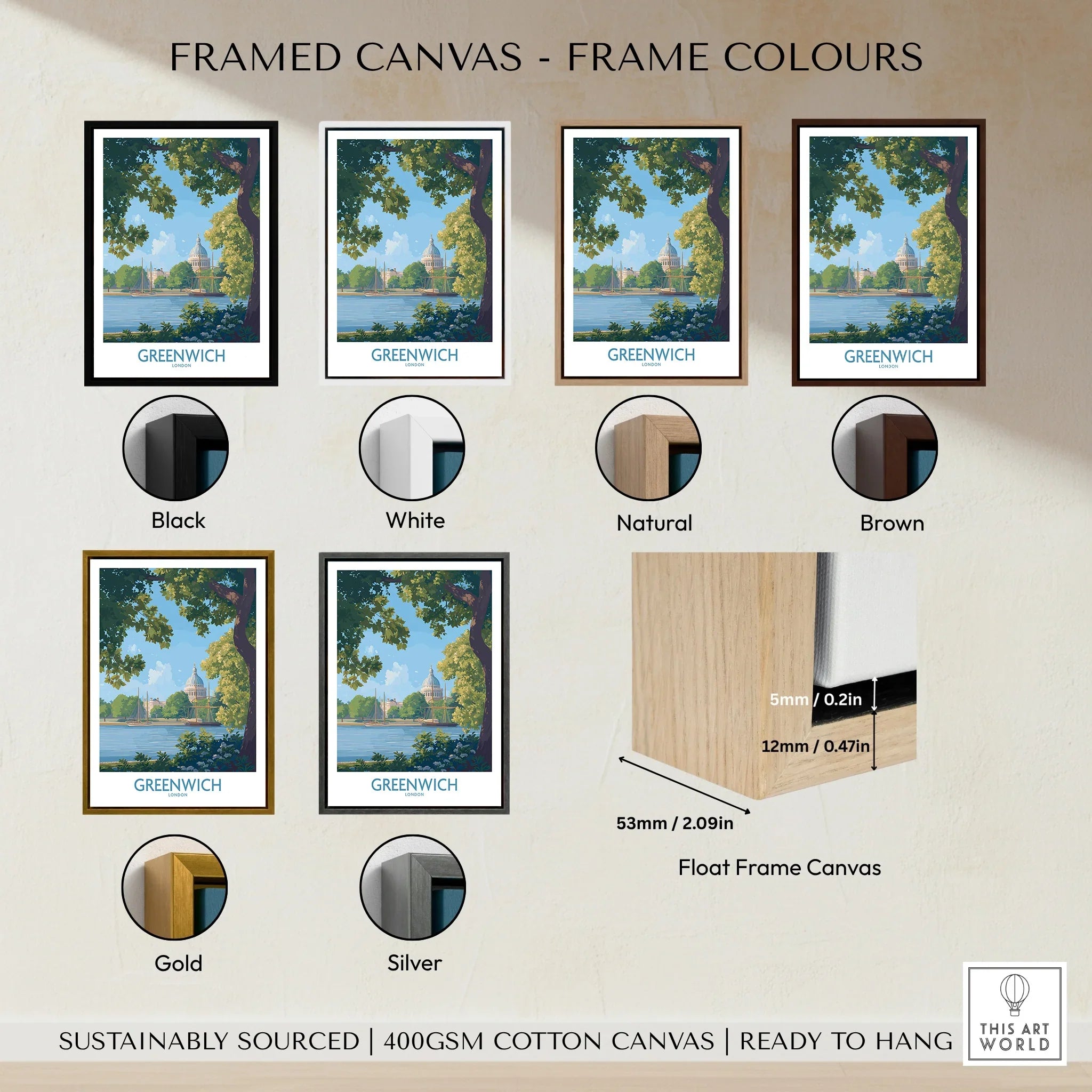 Framed Greenwich canvas wall art with six frame color options: black, white, natural, brown, gold, and silver.