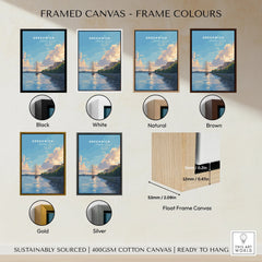 Framed canvas Greenwich London art print with six frame color options and float frame detail.