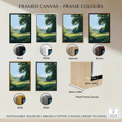Greenwich travel poster wall art displayed in black, white, natural, brown, gold, and silver frame options with close-up of float frame canvas design.