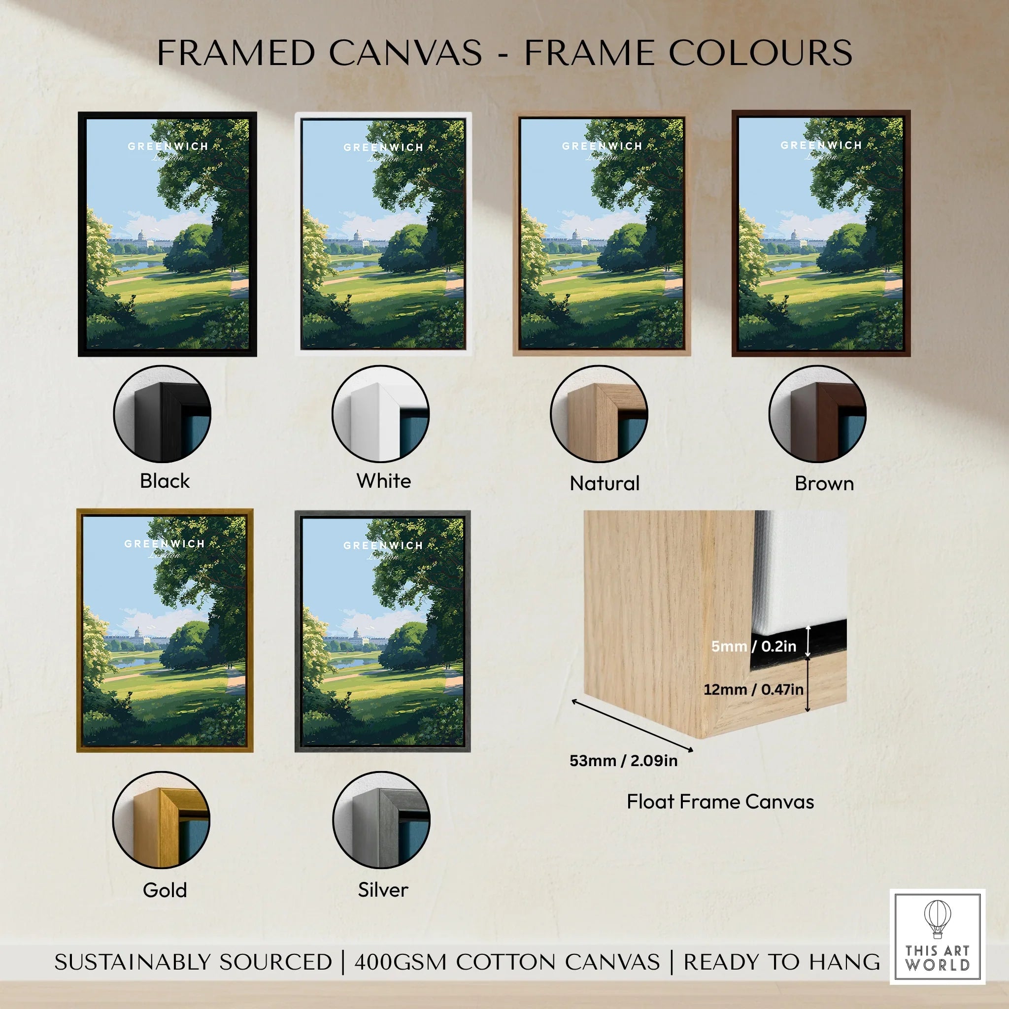 Greenwich travel poster wall art displayed in black, white, natural, brown, gold, and silver frame options with close-up of float frame canvas design.