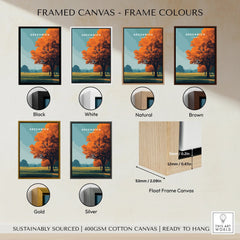 Travel poster canvas of Greenwich park with orange tree, shown in black, white, natural, brown, gold, and silver frame options.