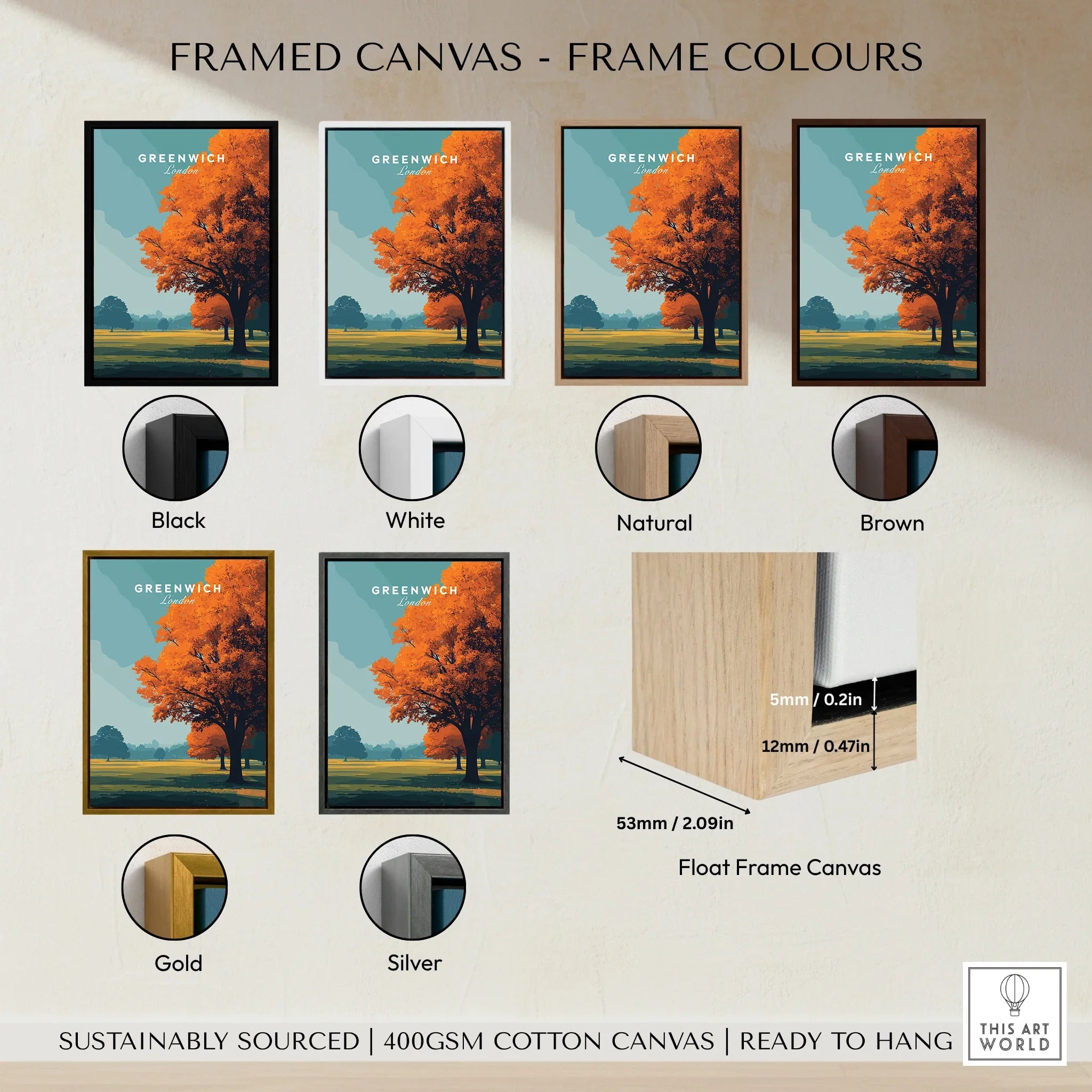 Travel poster canvas of Greenwich park with orange tree, shown in black, white, natural, brown, gold, and silver frame options.