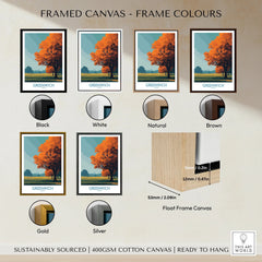 Framed canvas wall art showing Greenwich tree print with six frame color options: black, white, natural, brown, gold, and silver.
