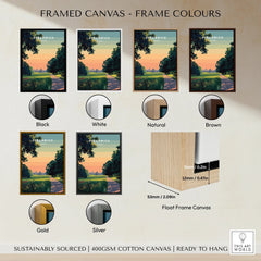 Greenwich travel poster wall art with six framed canvas color options: black, white, natural, brown, gold, silver, and float frame detail.