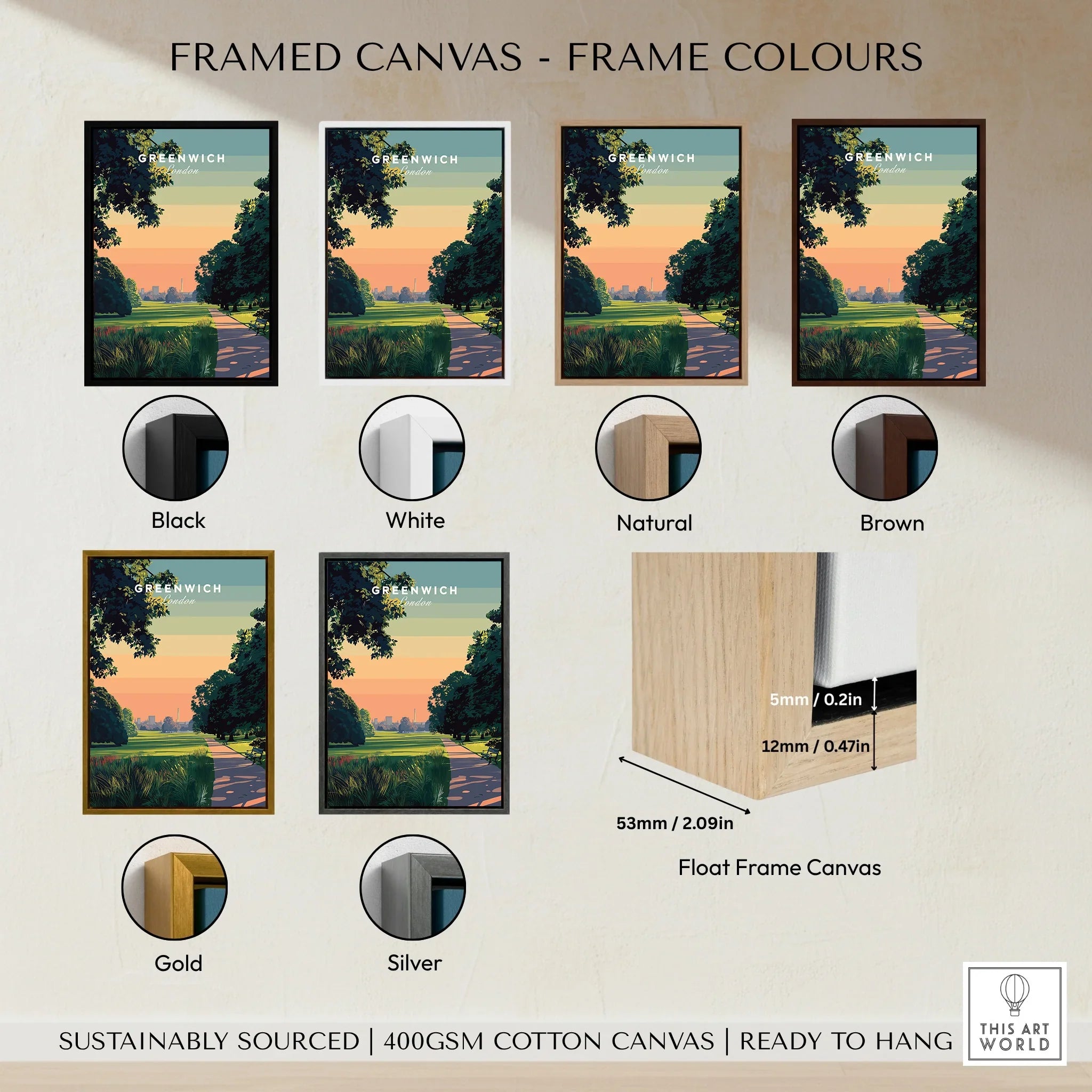 Greenwich travel poster wall art with six framed canvas color options: black, white, natural, brown, gold, silver, and float frame detail.