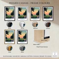 Greenwich travel poster wall art in various framed canvas color options, including black, white, natural, brown, gold, and silver float frame styles.