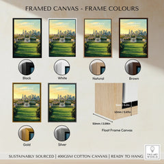 Greenwich cityscape framed canvas print showing six frame color options: black, white, natural, brown, gold, silver.
