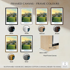 Greenwich skyline wall art travel poster with various framed canvas float frame color options
