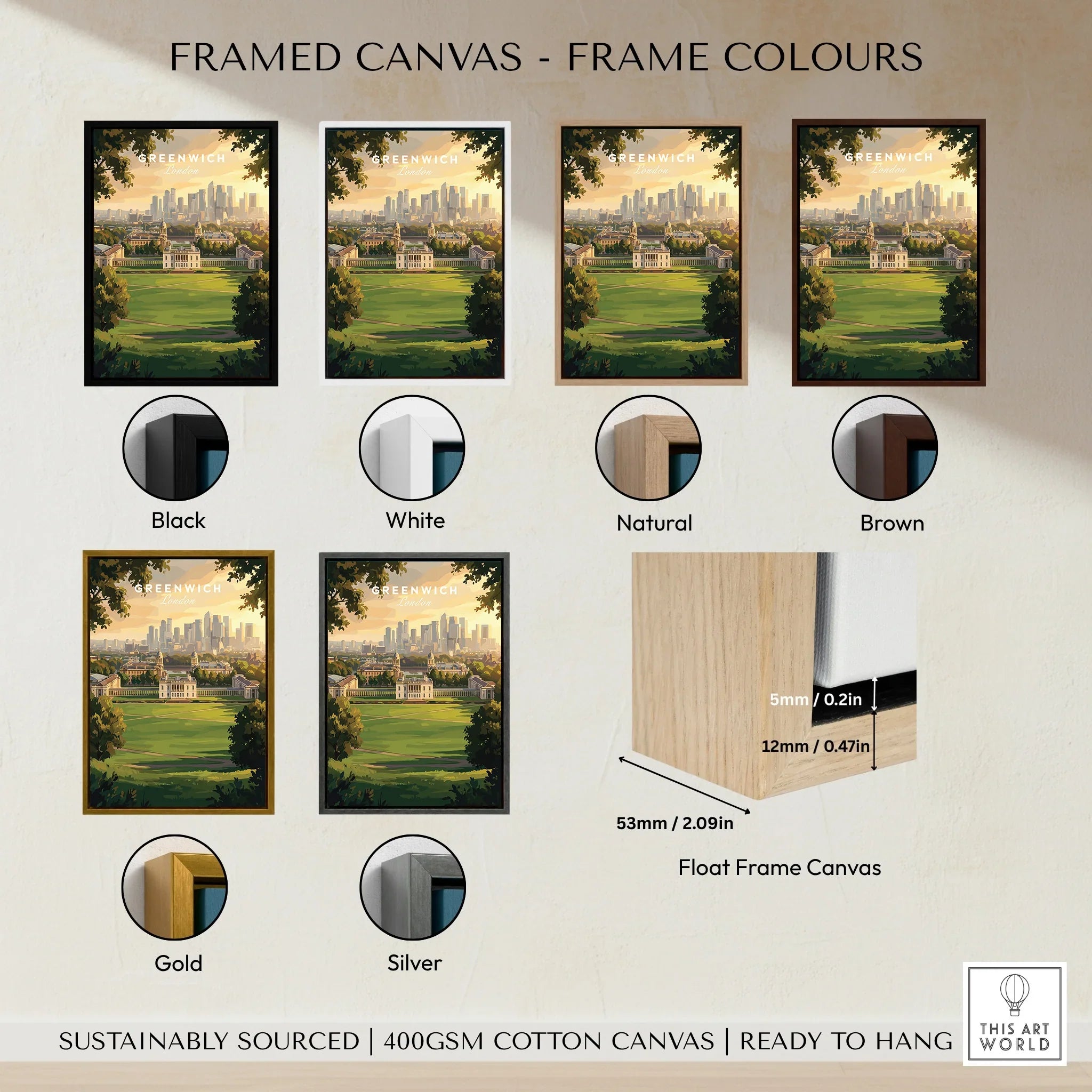 Greenwich cityscape wall art in six framed canvas color options: black, white, natural, brown, gold, silver.