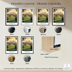 Greenwich travel poster wall art in six frame color options: black, white, natural, brown, gold, silver, with float frame canvas details.