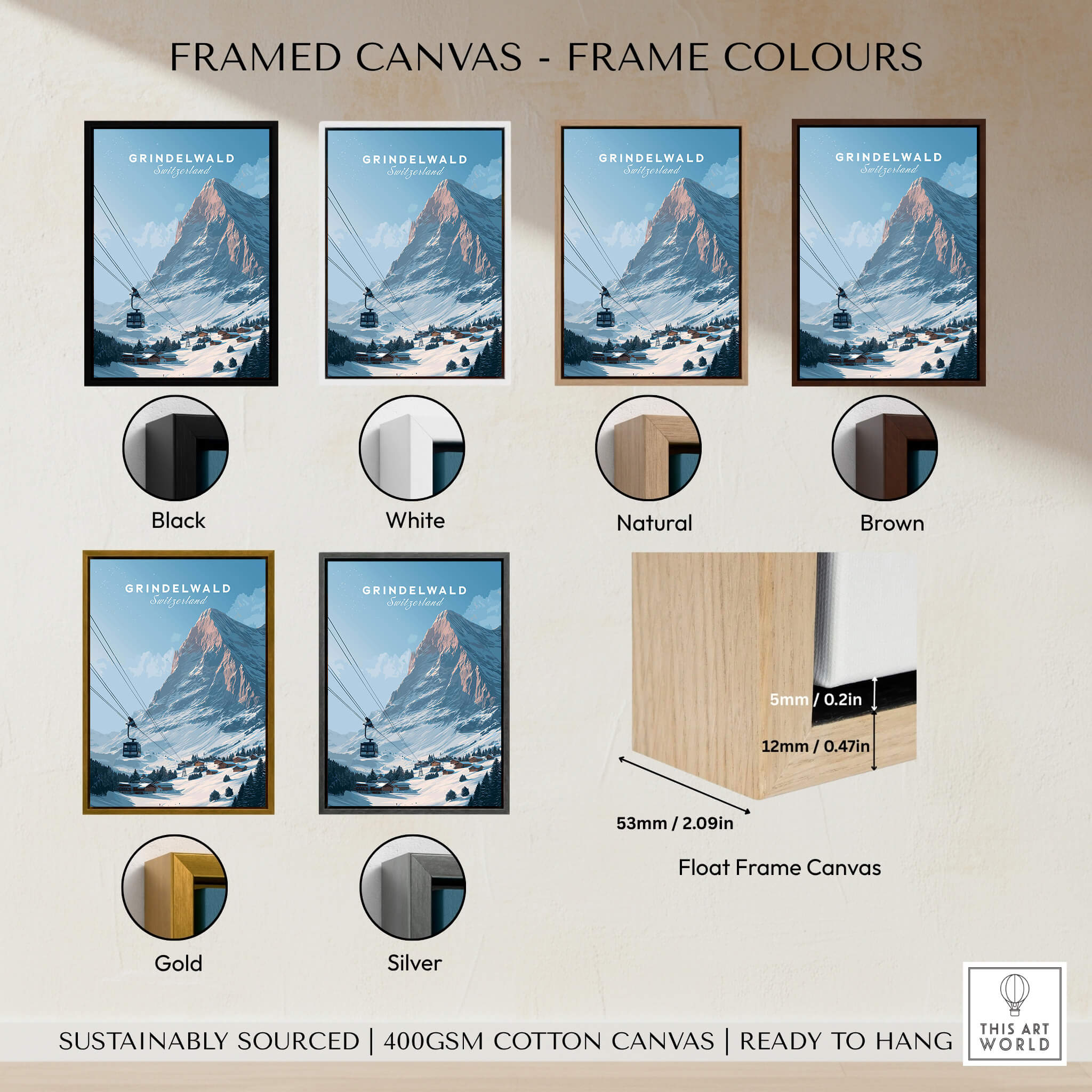 Grindelwald Switzerland Wall Art Print | Alpine Cable Car Travel Posters framed canvas options in various colors.