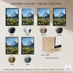 Grindelwald Switzerland Travel Poster | Alpine Wildflower Meadow Wall Art Print framed in various color options.
