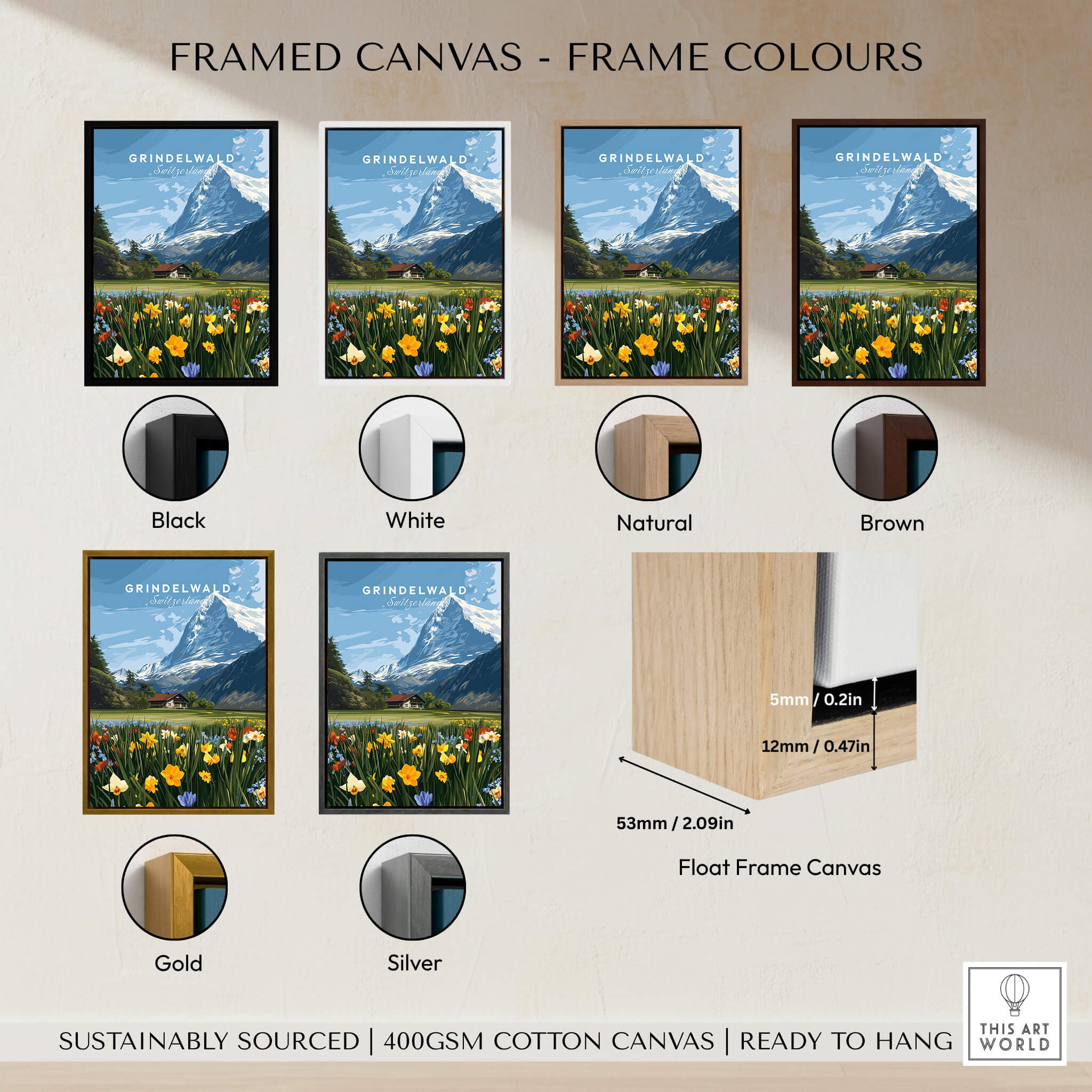 Grindelwald Switzerland Travel Poster | Alpine Wildflower Meadow Wall Art Print framed in various color options.