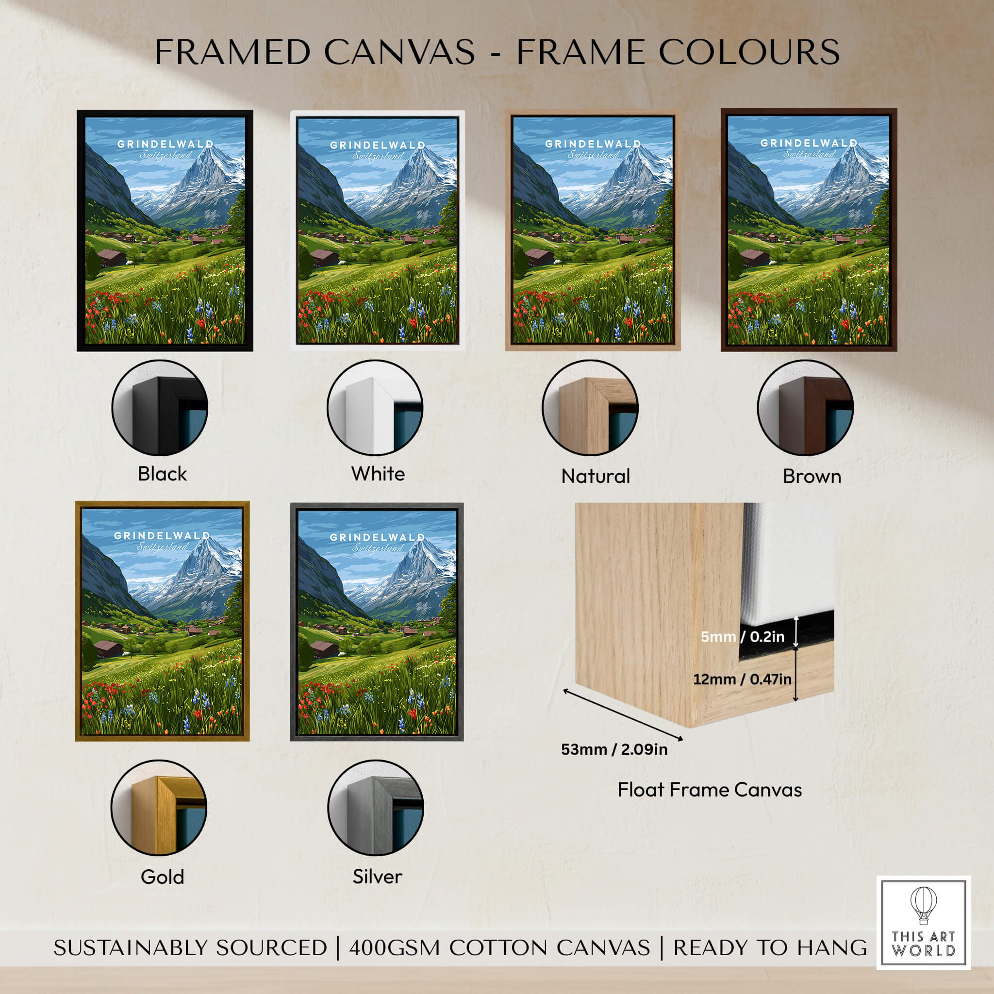 Grindelwald Switzerland Wall Art Print | Summer Alps Nature Travel Posters framed canvas color options display.