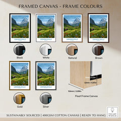 Grindelwald Switzerland Posters | Lush Green Mountain Valley Canvas Print frame color options including black, white, natural, brown, gold, and silver.