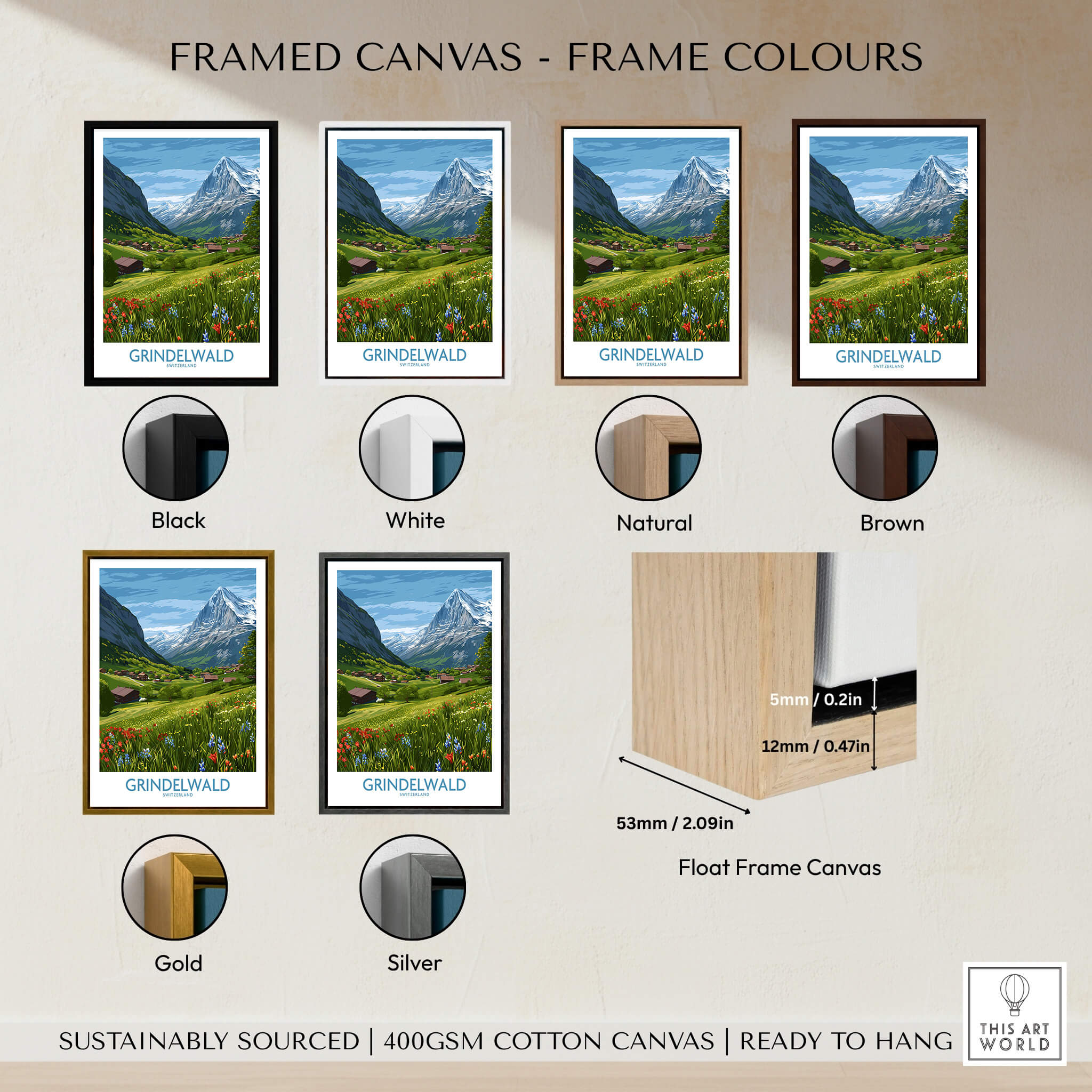 Grindelwald Switzerland Posters | Lush Green Mountain Valley Canvas Print frame color options including black, white, natural, brown, gold, and silver.