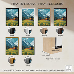 Grindelwald Switzerland Travel Poster | Iconic Mountain Railway Wall Art Print framed canvas samples with color options.