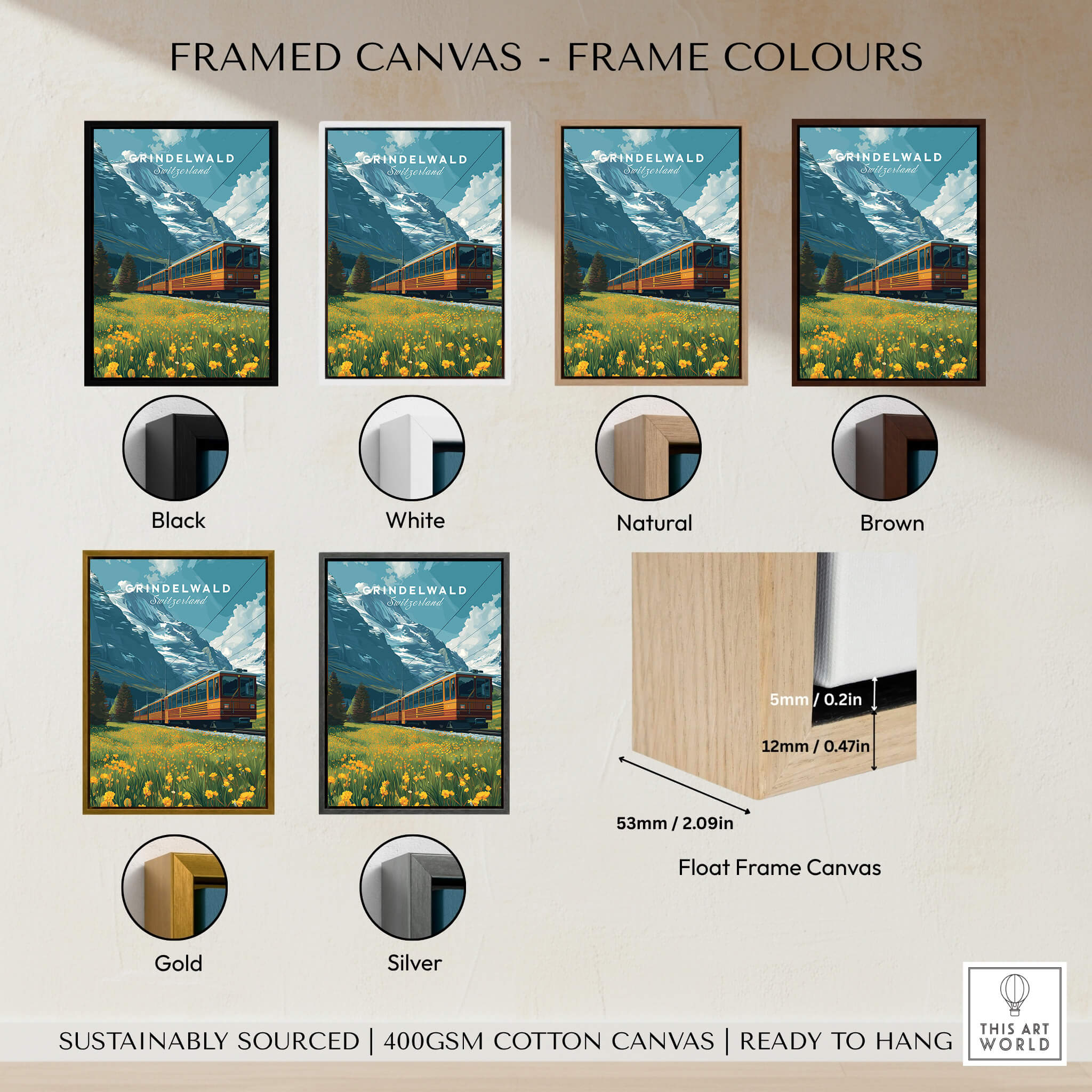Grindelwald Switzerland Travel Poster | Iconic Mountain Railway Wall Art Print framed canvas samples with color options.