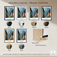 Gruyères Switzerland Poster | Historic European Town Architecture Canvas Print framed in various frame colors.