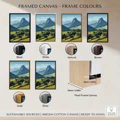 Gruyères Switzerland Travel Poster | Mountain Landscape Wall Art Print framed canvas options in various colors.