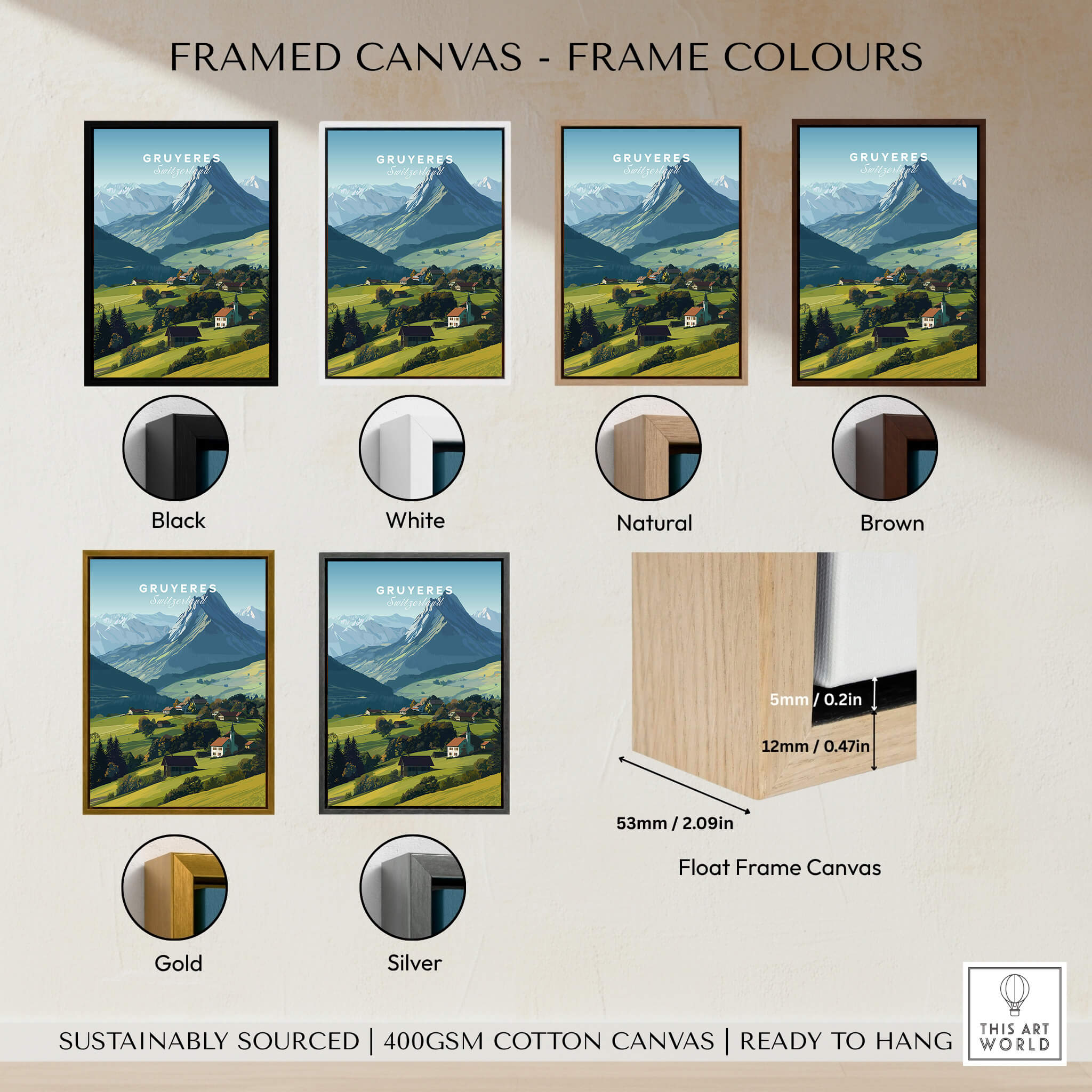 Gruyères Switzerland Travel Poster | Mountain Landscape Wall Art Print framed canvas options in various colors.