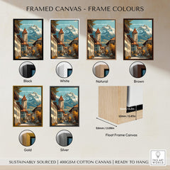 Gruyères Switzerland Wall Art Print | Swiss Travel Poster framed canvas options in various colors