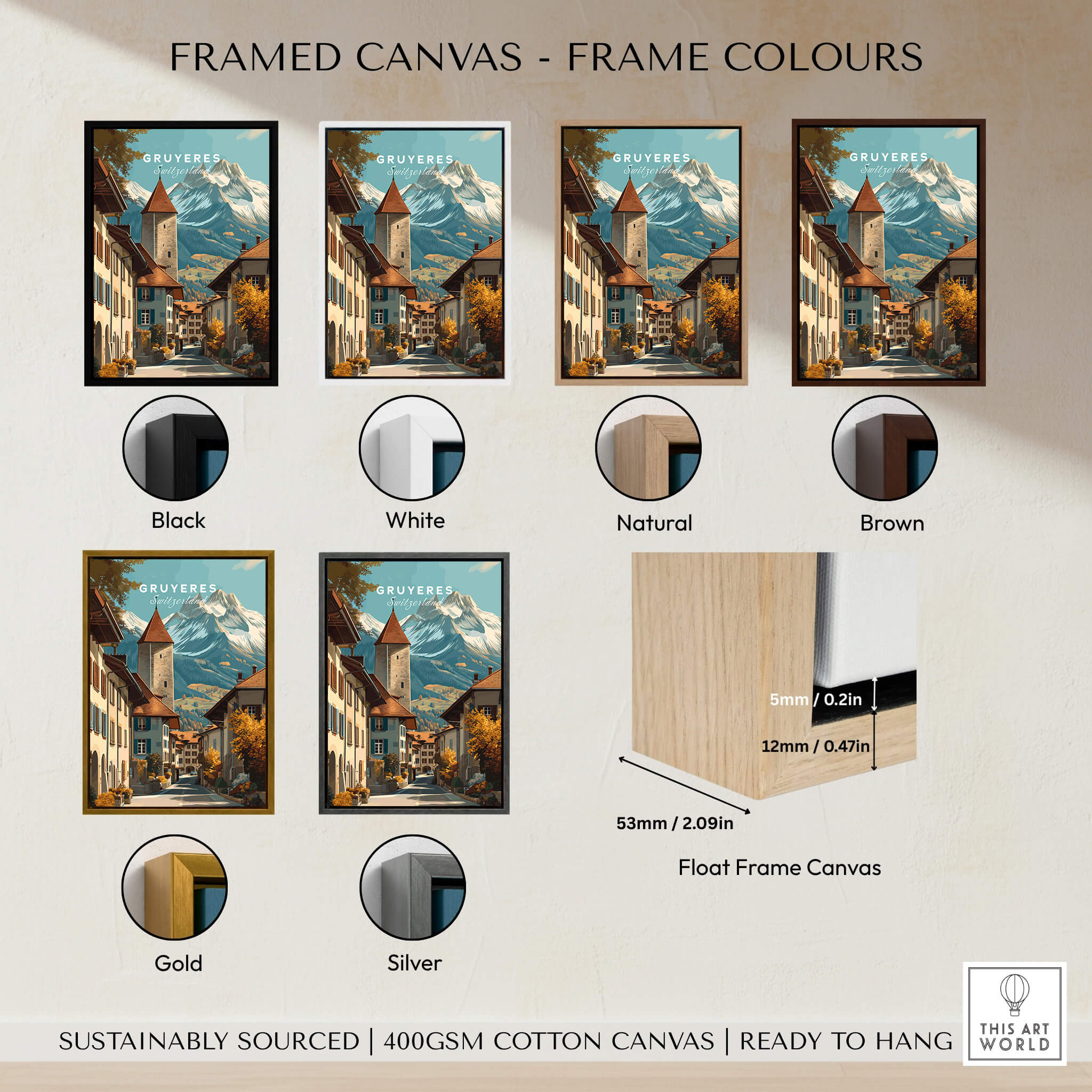 Gruyères Switzerland Wall Art Print | Swiss Travel Poster framed canvas options in various colors