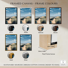 Framed canvas options for Holkham Beach Norfolk Wall Art Print | Coastal Sand Dunes Travel Poster in various colors.